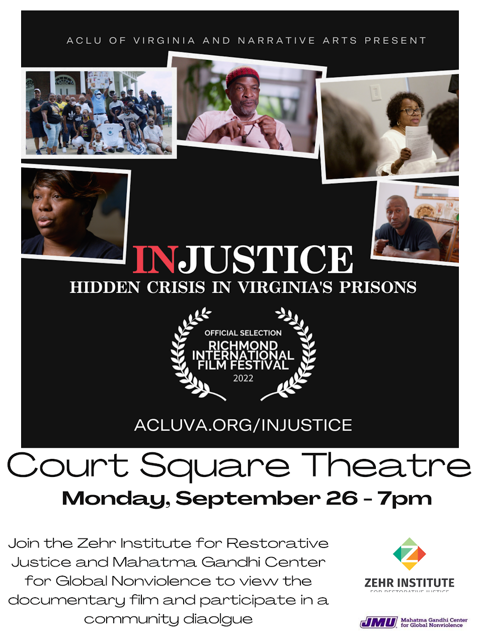 "Injustice: Hidden Crisis in Virginia's Prisons" Screening @ Court Square Theater | Harrisonburg | Virginia | United States